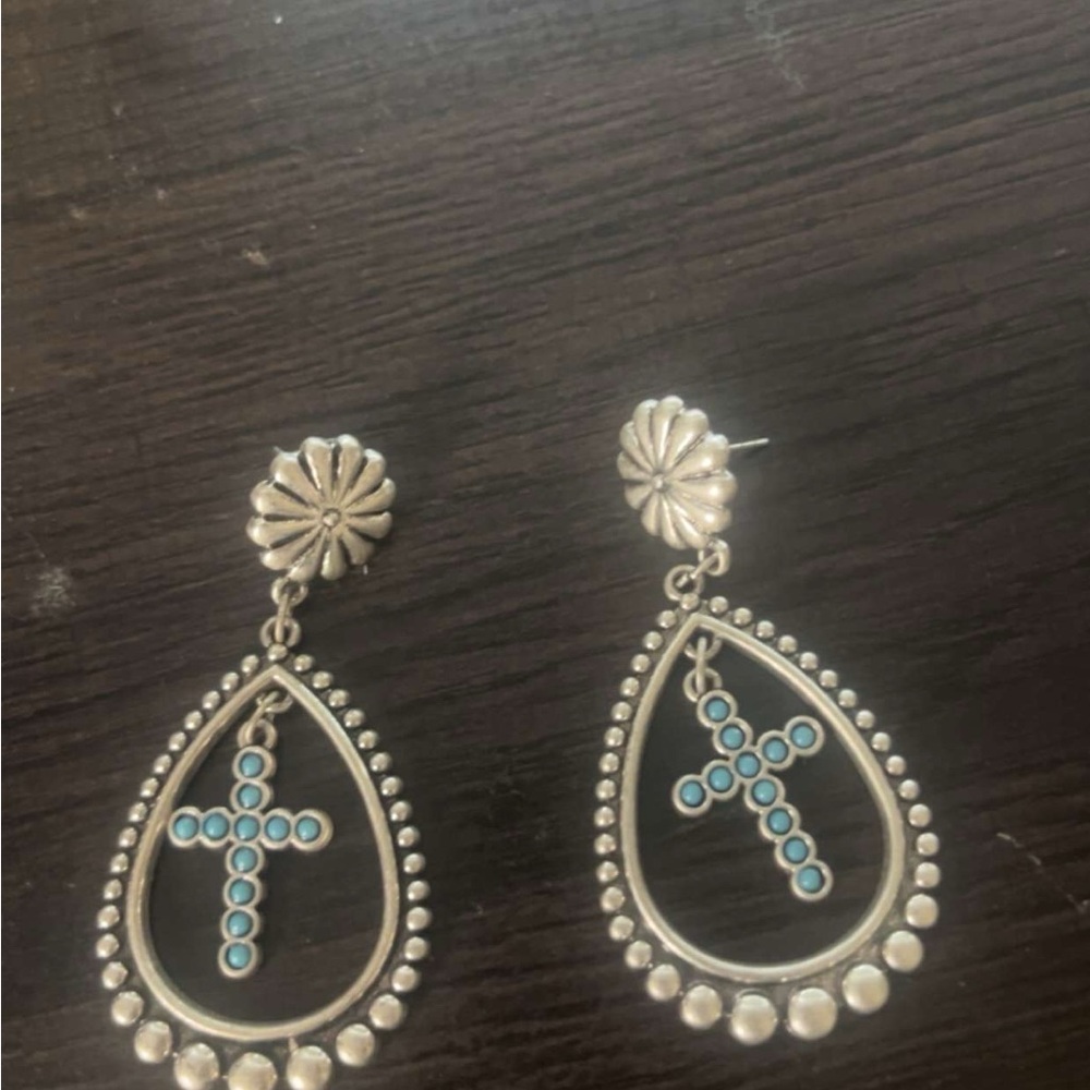 Elegant Silver and Blue Cross Earrings